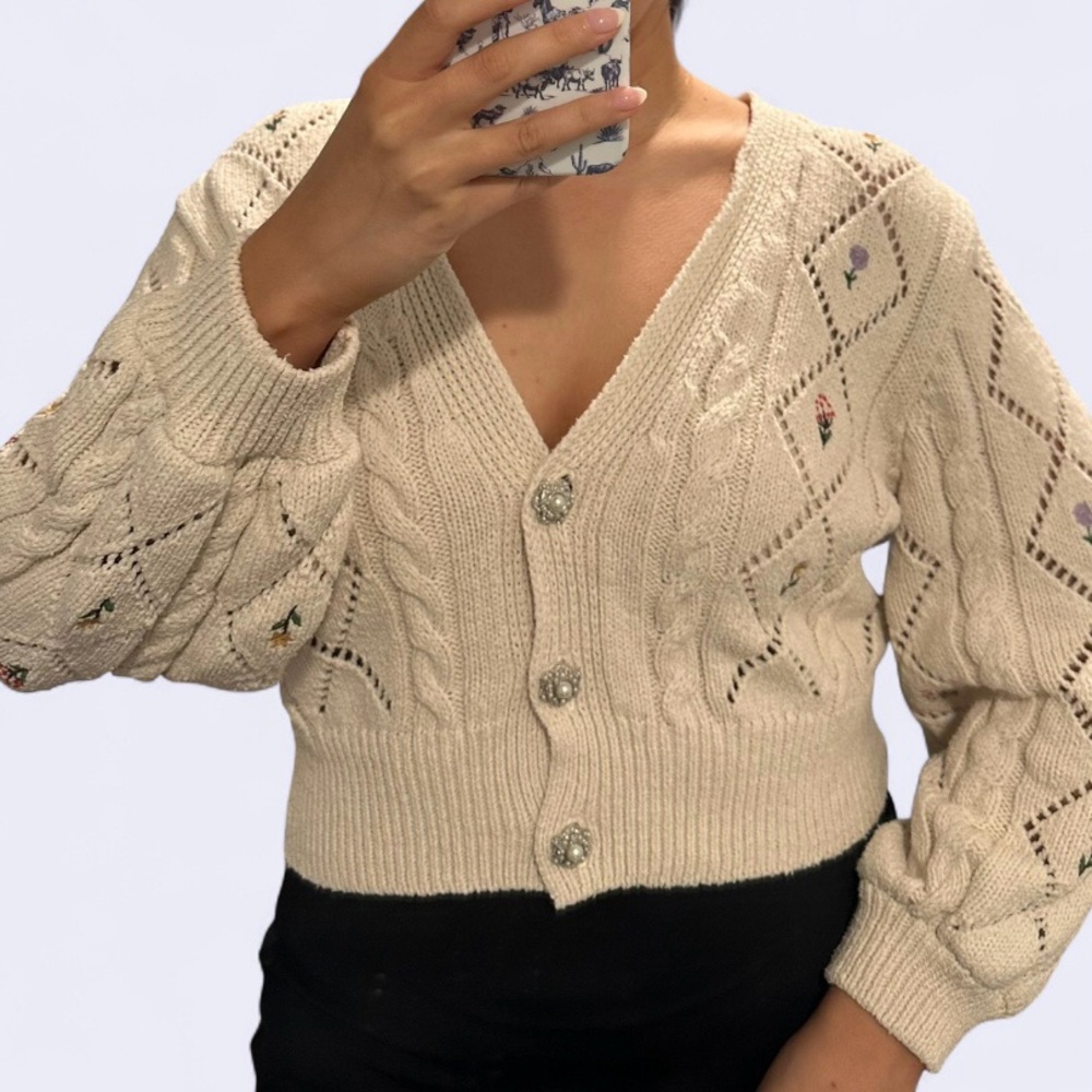 Zara Embroidered Floral Knit Cardigan